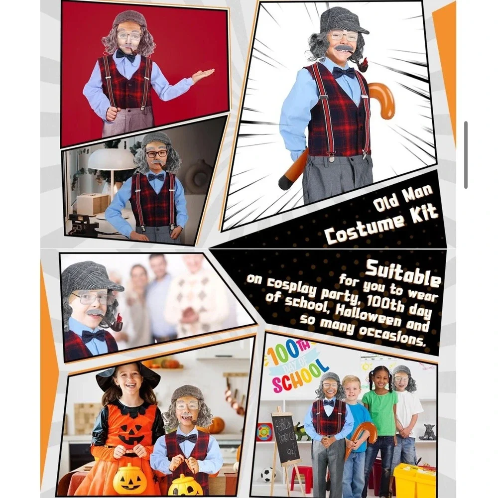 Child Size 7-9 Yr Old Old Man Costume Set 100 Days Of School 11 Pc Set
